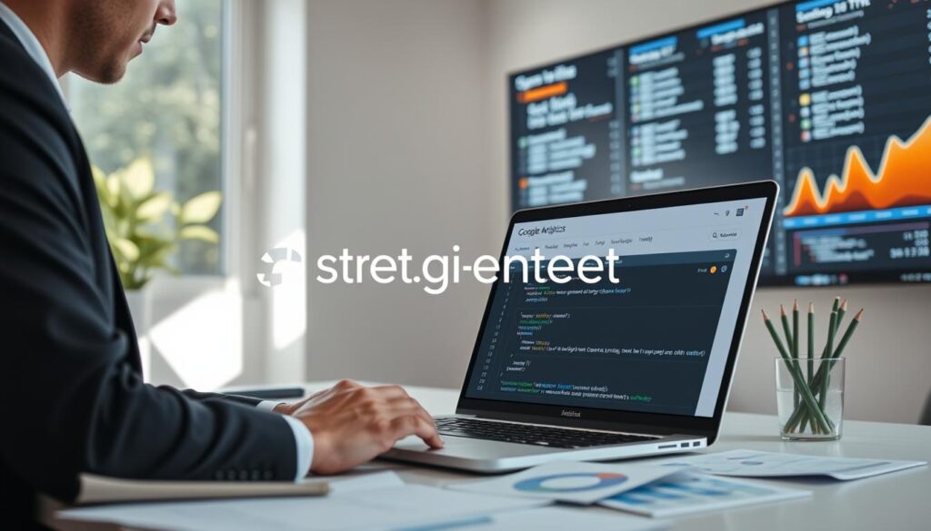 A bright and modern workspace depicting the process of setting up Google Analytics on a website. In the foreground, a professional individual in business attire is intently working on a laptop, surrounded by coding notes and analytics graphs on paper. The middle layer shows the laptop screen displaying the Google Analytics setup interface, with clear visuals of tracking code being integrated into website HTML. In the background, a digital display board shows real-time data metrics, symbolizing website traffic analysis. The scene is illuminated with natural light streaming through a window, creating a focused and productive atmosphere. A logo for "strategicenergy" is subtly incorporated into the digital display, reinforcing a tech-savvy environment.