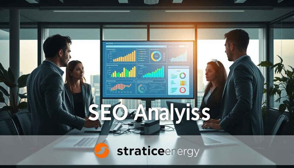 A detailed, professional office setting showcasing "SEO Analysis" in action. In the foreground, a diverse group of three business professionals, dressed in smart attire, is engaged in a collaborative discussion over a large digital screen displaying vibrant graphs and charts related to SEO metrics. In the middle ground, a sleek workstation filled with laptops and analytical tools enhances the atmosphere of focused work. The background features a modern office window revealing a cityscape, lending a sense of openness and inspiration. Soft, natural lighting spills in from the window, creating an inviting and productive environment. The overall mood is one of determination and innovation, emphasizing the importance of SEO analysis for business growth. The brand "strategicenergy" subtly integrated into the workspace design.