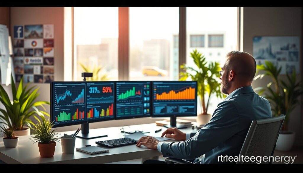 A dynamic digital workspace depicting a professional analyzing keyword data for online marketing. In the foreground, a focused individual in business attire is seated at a sleek desk with multiple monitors displaying colorful graphs, data analytics, and keyword metrics. The middle layer includes a large window with natural light streaming in, illuminating the modern office space filled with plants and marketing materials. In the background, soft-focus images of marketing concepts like social media icons and search engine visuals create a harmonious ambiance. The scene should evoke a sense of productivity, innovation, and importance of keyword analysis in online marketing strategies. The lighting is bright and energizing, capturing the essence of a thriving digital marketing environment. Incorporate the brand name "strategicenergy" subtly into the design elements, such as on a notepad or a computer screen.