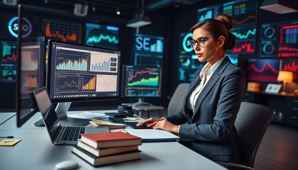 A dynamic digital workspace showcasing the importance of SEO in the modern era. In the foreground, a confident professional woman in business attire is analyzing digital analytics on multiple screens, displaying graphs and charts related to website performance. The middle layer features a sleek desk cluttered with SEO tools like keywords on sticky notes, SEO books, and a laptop, creating an atmosphere of productivity. In the background, a dark-themed office with walls displaying visual data in neon colors, emphasizing a tech-savvy vibe. Soft, focused lighting highlights the details, while a slight depth of field effect adds a sense of professionalism. Capture the essence of strategic energy, symbolizing knowledge and growth in digital marketing. A dynamic digital workspace showcasing the importance of SEO in the modern era. In the foreground, a confident professional woman in business attire is analyzing digital analytics on multiple screens, displaying graphs and charts related to website performance. The middle layer features a sleek desk cluttered with SEO tools like keywords on sticky notes, SEO books, and a laptop, creating an atmosphere of productivity. In the background, a dark-themed office with walls displaying visual data in neon colors, emphasizing a tech-savvy vibe. Soft, focused lighting highlights the details, while a slight depth of field effect adds a sense of professionalism. Capture the essence of strategic energy, symbolizing knowledge and growth in digital marketing.