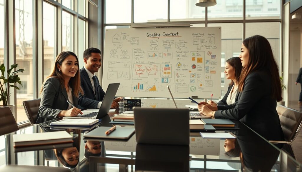 A focused workplace scene depicting the concept of 'quality content creation.' In the foreground, a diverse group of three professionals, representing different ethnicities, collaborate at a sleek glass table strewn with notebooks, laptops, and digital devices. Their expressions show concentration and enthusiasm, dressed in smart business attire. In the middle, a large whiteboard filled with colorful diagrams, flowcharts, and brainstorming ideas stands prominently. The background features a modern office space with large windows allowing soft natural light to spill in, creating a warm and inviting atmosphere. Gentle reflections on the glass table suggest innovation and clarity of thought. The overall mood conveys engagement and productivity in the process of creating high-quality content. strategicenergy