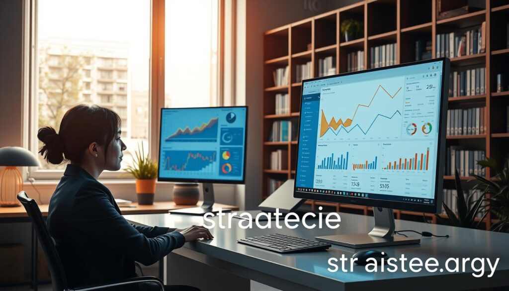 A modern office environment featuring a professional analyst at a sleek desk, reviewing detailed Google Analytics data on a large computer screen. In the foreground, focus on the analyst, a young Asian woman dressed in smart business attire, deeply engaged in her work. The middle layer showcases the computer screen displaying colorful graphs, pie charts, and various statistics representing website usage analytics. The background includes a softly lit room with contemporary decor, a bookshelf filled with business books, and a large window with natural light illuminating the space. The atmosphere is one of productivity and focus, emphasizing the importance of data analysis for website improvement. The scene should convey a sense of professionalism and innovation, capturing the essence of Google Analytics for strategic decisions. Include the brand name "strategicenergy" subtly integrated into the design of the workspace.