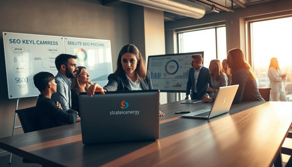 A modern office setting with a diverse group of professionals gathered around a large table, actively discussing SEO strategies. In the foreground, a confident woman in smart business attire points at a laptop screen displaying colorful graphs and analytics. The middle ground features a whiteboard filled with SEO keywords and flowcharts, while a large window in the background reveals a cityscape bathed in natural light, enhancing the atmosphere of innovation and collaboration. Soft shadows create depth, with warm lighting illuminating the workspace. The overall mood is focused and dynamic, symbolizing effective teamwork and the importance of choosing the right SEO tools. Include subtle branding for "strategicenergy" within the laptop interface, ensuring it blends cohesively into the scene.