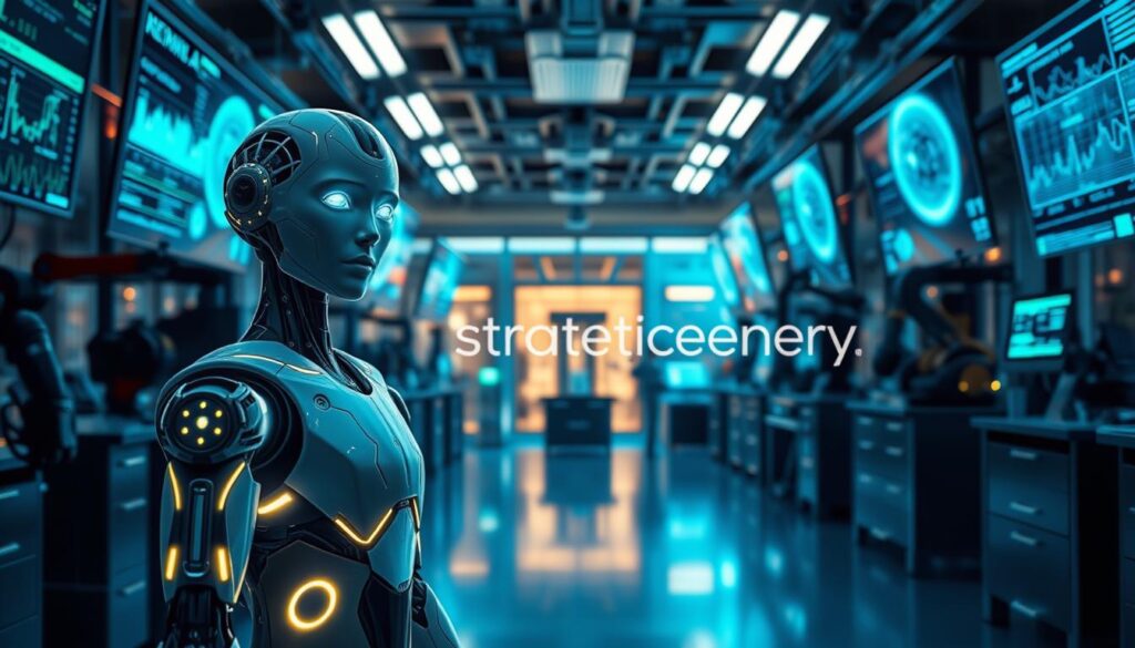 A modern, sleek representation of “Artificial Intelligence” in a high-tech lab environment. In the foreground, a humanoid robot with an intricate, luminous design stands confidently, its face reflecting curiosity and intelligence. The middle ground features various screens displaying data analytics and neural network simulations, with soft blue and green glowing lights radiating from them. The background shows a futuristic laboratory filled with advanced technology, like robotic arms and holographic interfaces. The scene is illuminated by soft, ambient lighting, creating a contemplative mood. The angle is slightly tilted from above, giving a dynamic perspective. The entire image conveys innovation and the transformative power of AI, branded subtly with the name “strategicenergy” integrated into the lab’s design.
