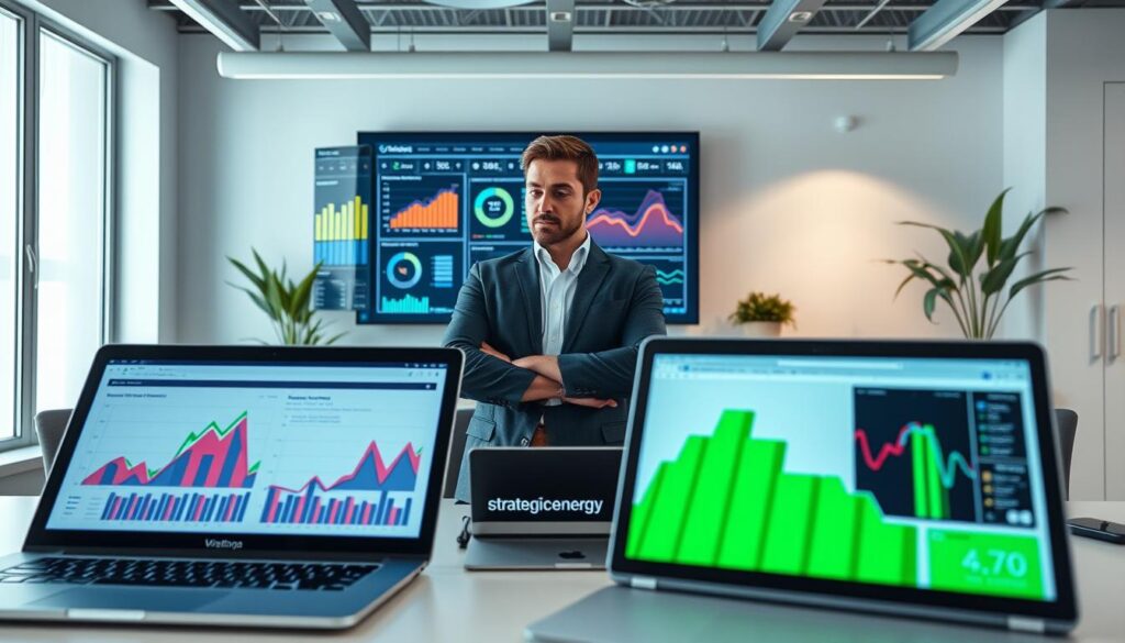 A modern workspace showcasing advanced SEO analysis tools. In the foreground, several sleek, high-tech devices like laptops and tablets display colorful graphs and metrics related to SEO performance. In the middle ground, a confident business analyst in professional attire examines the data on a large digital screen, with charts and keywords illuminated. The background features a bright, minimalistic office environment with plants and soft lighting, creating a productive atmosphere. The overall mood is focused and analytical, emphasizing clarity and professionalism. Use a wide-angle lens to capture the full scene, with soft shadows enhancing the depth of the workspace. Incorporate the brand name "strategicenergy" subtly on one of the devices.
