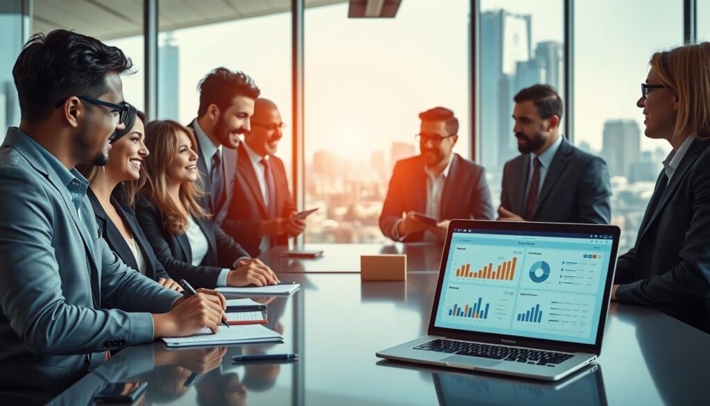 A professional business setting depicting a group of diverse professionals in modern business attire collaborating around a sleek conference table. In the foreground, a laptop displaying an intuitive SEO software interface with graphs and analytics is open, surrounded by notepads and pens. The middle ground features individuals discussing strategies animatedly, showcasing expressions of enthusiasm and focus. In the background, large windows reveal a bustling cityscape, suggesting a vibrant market. The lighting is bright and natural, enhancing the atmosphere of innovation and productivity. The overall mood is dynamic and inspiring, emphasizing the importance of SEO for business growth. The brand name "strategicenergy" is subtly incorporated into the software interface design.