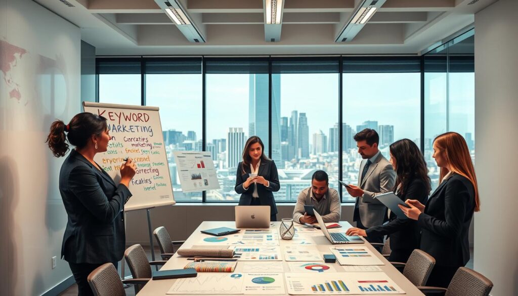 A professional business setting featuring a diverse group of individuals engaged in a collaborative keyword analysis session. In the foreground, a focused woman in a smart blazer is writing on a whiteboard filled with colorful digital marketing terms and keywords, while her colleagues, dressed in business attire, examine data on laptops and tablets. The middle ground showcases a modern conference table covered with charts, graphs, and brainstorming notes, emphasizing teamwork. In the background, large windows allow natural light to flood the room, highlighting an inspiring urban skyline. The mood is dynamic and productive, conveying the importance of keyword analysis in online marketing strategies. The overall atmosphere is professional with a touch of creativity, reflecting the brand name "strategicenergy."