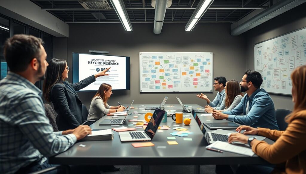 A professional business setting showcasing a diverse group of individuals engaged in a brainstorming session about keyword research. In the foreground, a young woman in smart attire is pointing at a digital presentation on a large screen, highlighting effective keywords, while colleagues around her, dressed in business casual clothing, take notes and discuss ideas vigorously. The middle ground features a modern conference table cluttered with laptops, notepads, and colorful sticky notes representing various keywords. In the background, a whiteboard filled with mind maps and keyword clusters adds depth. The lighting is bright and focused, emanating from overhead fixtures, creating an inviting and collaborative atmosphere. Capture this scene using a medium-angle lens with a slight depth of field, emphasizing both engagement and professionalism. Brand name "strategicenergy" subtly integrated into the environment.