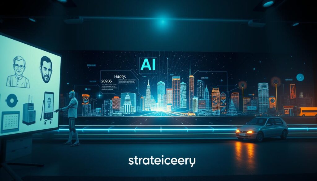 A visually captivating timeline showcasing the history of AI, divided into four distinct sections. In the foreground, illustrations of pivotal moments like Alan Turing's early computer, a vintage robot, and modern AI applications, such as autonomous vehicles. The middle ground features a digital interface displaying AI advancements over the decades, radiating with soft blue and green lights. The background is a stylized cityscape representing technological evolution, fading into a starry night sky to symbolize future possibilities. The atmosphere is both nostalgic and hopeful, suggesting progress and innovation. The image is lit with soft, diffused lighting from a central point, creating a warm glow. The perspective is slightly angled, giving depth to the timeline. The branding "strategicenergy" subtly integrated into the design elements without text.