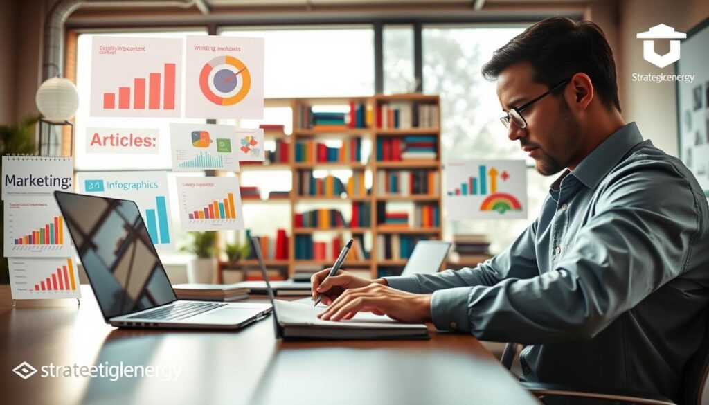 A visually compelling scene depicting various types of high-quality content creation. In the foreground, a close-up view of a professional sitting at a sleek desk, focused on writing in a modern notebook and typing on a laptop. Surrounding them are vibrant charts and visuals of infographics, signifying different content types like articles, videos, and podcasts. In the middle, a soft-focus bookshelf filled with colorful books on marketing, writing, and design to add context. The background features a large window with natural light pouring in, creating an inspiring atmosphere. The mood is productive and innovative, captured with a warm color palette. The image should be framed with a slight upward angle to emphasize creativity and engagement. Strategicenergy brand is subtly represented with a logo in the corner.