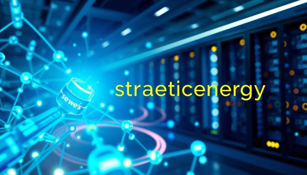 A visually engaging abstract representation of backlinks in SEO, featuring a network of interconnected links symbolizing growth and connectivity. In the foreground, vibrant blue and green links form a web-like structure, while glowing icons of popular websites are subtly integrated amidst the links. In the middle ground, a digital landscape with light trails represents web traffic, illustrating the flow of information. The background shows a data center with softly illuminated servers, suggesting advanced technology and analytics. The lighting is dynamic, with a cool color palette creating a sense of professionalism and innovation. The atmosphere is energetic yet serene, suitable for a business context. The brand name "strategicenergy" incorporated subtly into the design, enhancing the overall concept of digital marketing strategies.