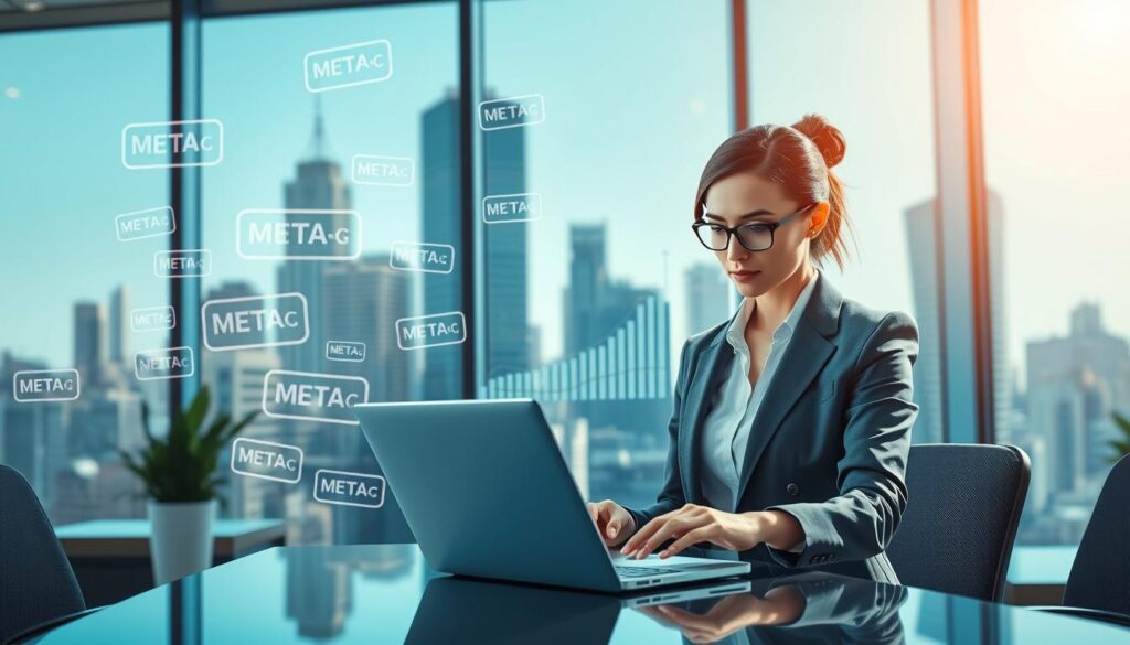 A visually striking digital illustration showcasing the benefits of Meta Tags in SEO. In the foreground, a professional businesswoman in smart attire, analyzing data on a laptop, surrounded by floating digital Meta Tag icons representing keywords and search engines. In the middle ground, a modern office setting with a large screen displaying graphs of website traffic and SEO performance. The background features a city skyline through a glass window, symbolizing digital connectivity and growth. The lighting is bright and focused, casting soft shadows, creating a motivational atmosphere. The composition conveys a sense of professionalism and innovation. Ensure the scene is clean, without any text or branding, emphasizing the concept of "strategicenergy." A visually striking digital illustration showcasing the benefits of Meta Tags in SEO. In the foreground, a professional businesswoman in smart attire, analyzing data on a laptop, surrounded by floating digital Meta Tag icons representing keywords and search engines. In the middle ground, a modern office setting with a large screen displaying graphs of website traffic and SEO performance. The background features a city skyline through a glass window, symbolizing digital connectivity and growth. The lighting is bright and focused, casting soft shadows, creating a motivational atmosphere. The composition conveys a sense of professionalism and innovation. Ensure the scene is clean, without any text or branding, emphasizing the concept of "strategicenergy."