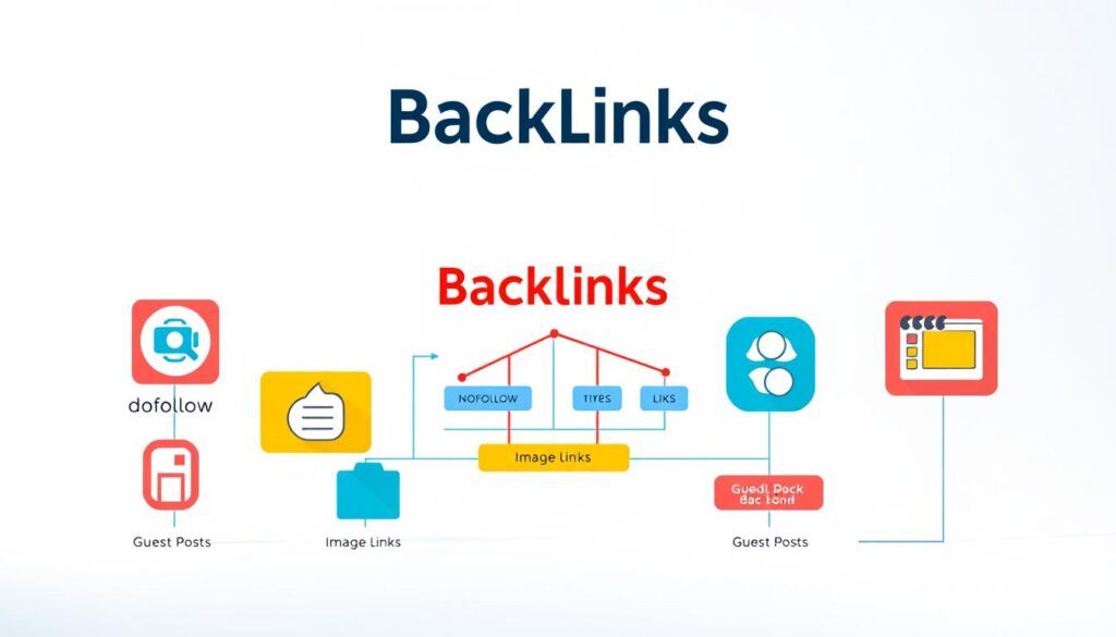 A visually striking infographic displaying different types of backlinks, prominently featuring the brand "strategicenergy." In the foreground, showcase distinct icons representing various backlink types: dofollow, nofollow, image links, and guest posts, illustrated with unique designs and colors. The middle section includes a stylized graph or flowchart that visually explains the importance and impact of each backlink type, using vibrant colors to capture attention. The background is a soft gradient that transitions from light blue to white, creating an airy, professional atmosphere. The lighting is bright and even, emphasizing clarity and readability. The overall mood is informative and engaging, suitable for a professional audience interested in digital marketing.