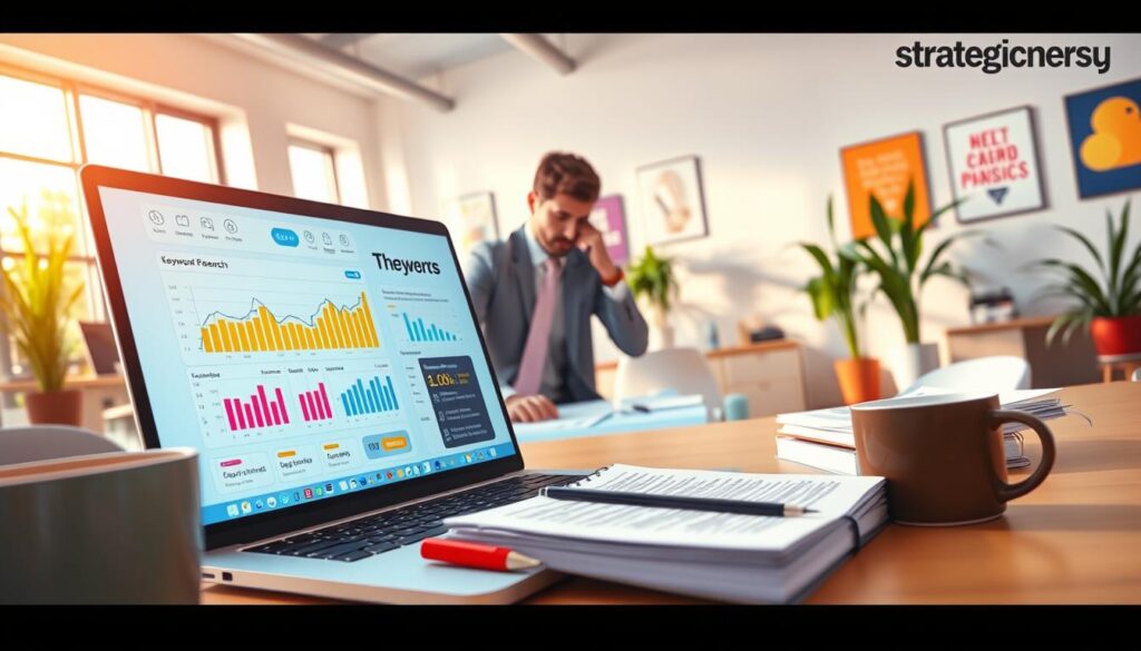 A vivid and engaging illustration of keyword research, featuring a professional businessperson in a modern office environment, intently analyzing data on a laptop. In the foreground, a laptop screen displaying keyword analytics graphs and charts, with highlighted keywords in bright colors. In the middle ground, a notepad stacked with notes and keywords, alongside a coffee cup. The background showcases a bright, well-lit office with large windows, plants, and motivational posters on the walls, creating a positive and productive atmosphere. The lighting is soft and warm, emphasizing a focused and inquisitive mood. Use a wide-angle perspective, capturing the essence of a dynamic workplace. Include the brand name "strategicenergy" subtly integrated into the office decor. A vivid and engaging illustration of keyword research, featuring a professional businessperson in a modern office environment, intently analyzing data on a laptop. In the foreground, a laptop screen displaying keyword analytics graphs and charts, with highlighted keywords in bright colors. In the middle ground, a notepad stacked with notes and keywords, alongside a coffee cup. The background showcases a bright, well-lit office with large windows, plants, and motivational posters on the walls, creating a positive and productive atmosphere. The lighting is soft and warm, emphasizing a focused and inquisitive mood. Use a wide-angle perspective, capturing the essence of a dynamic workplace. Include the brand name "strategicenergy" subtly integrated into the office decor.